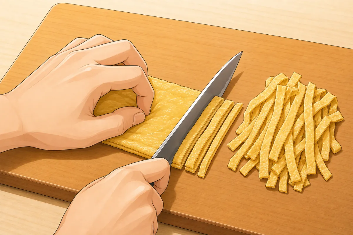 Slice the fried tofu pouches into thin strips.