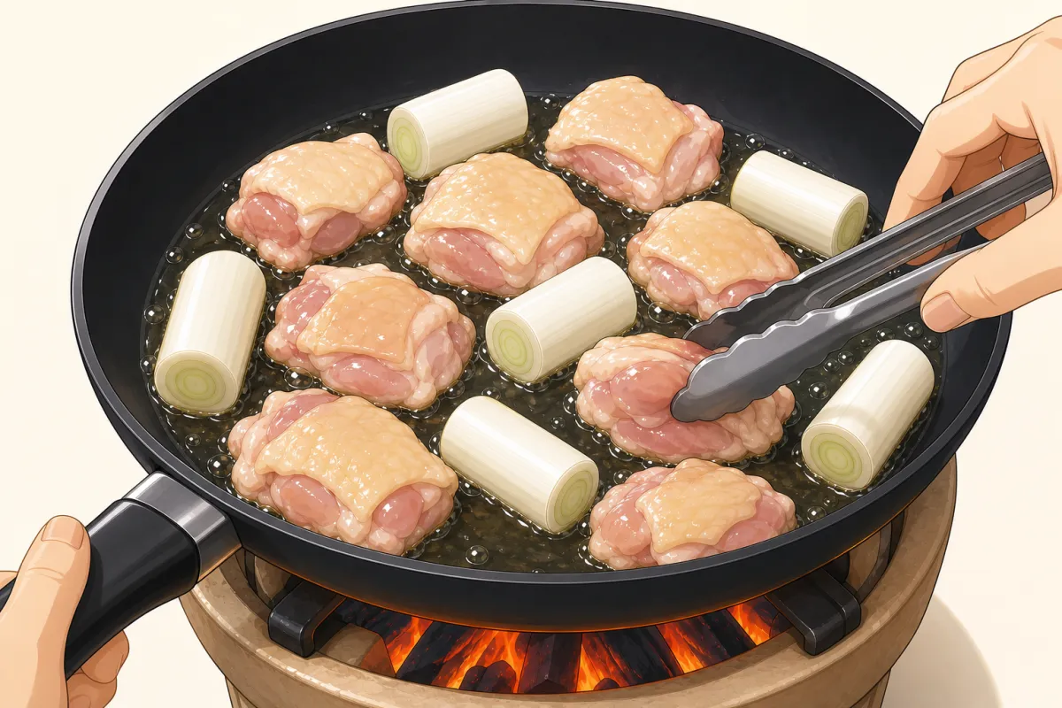Chicken in skin-side down, leek in the gaps — one layer.