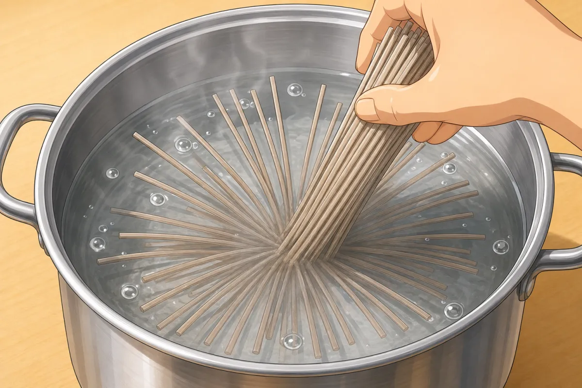 Fan the soba into unsalted boiling water so the strands stay apart.