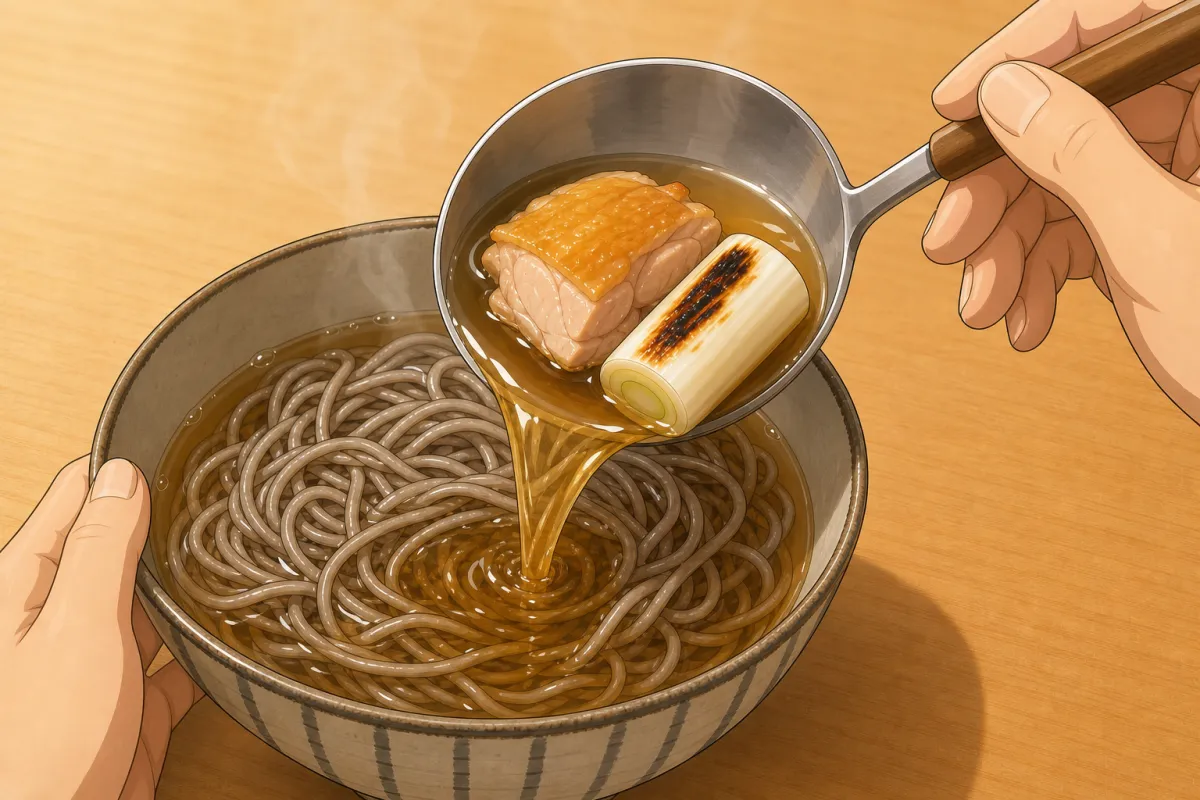 Soba into the bowls, then the soup, chicken, leek and tofu; shichimi on top.