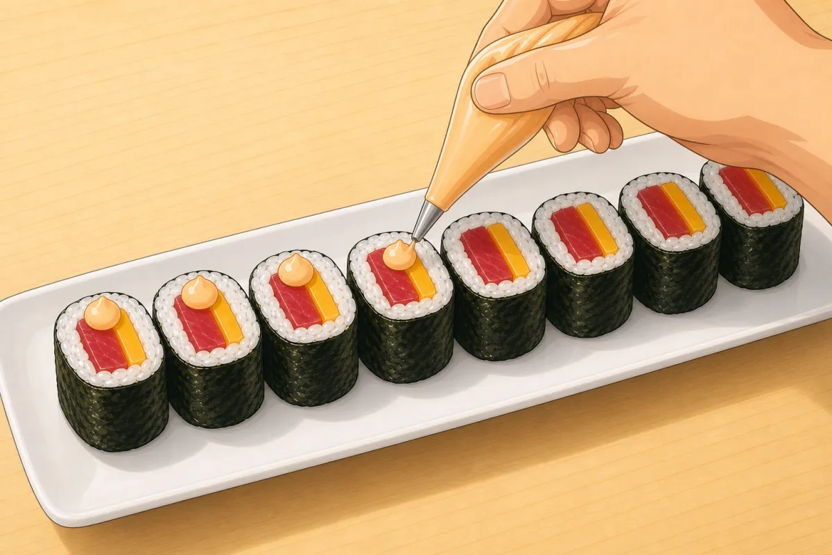A small dot of spicy mayo on each piece.