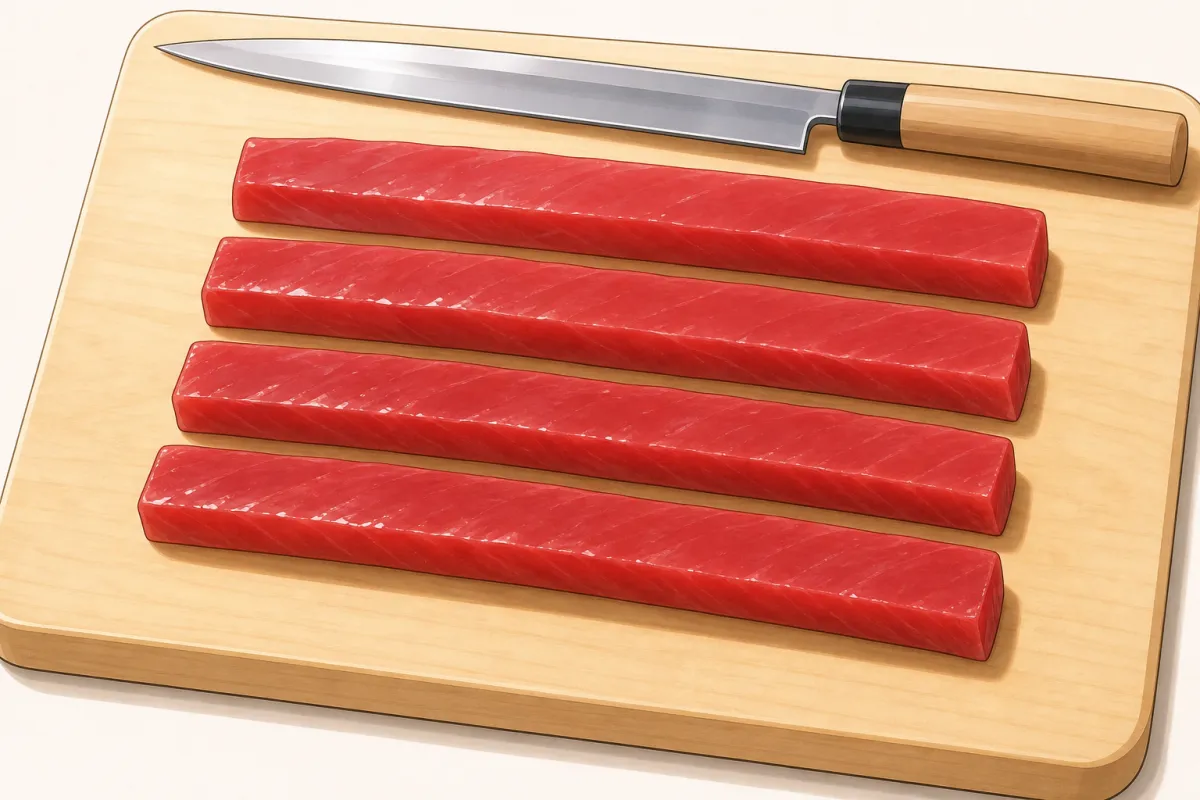 Tuna into long strips