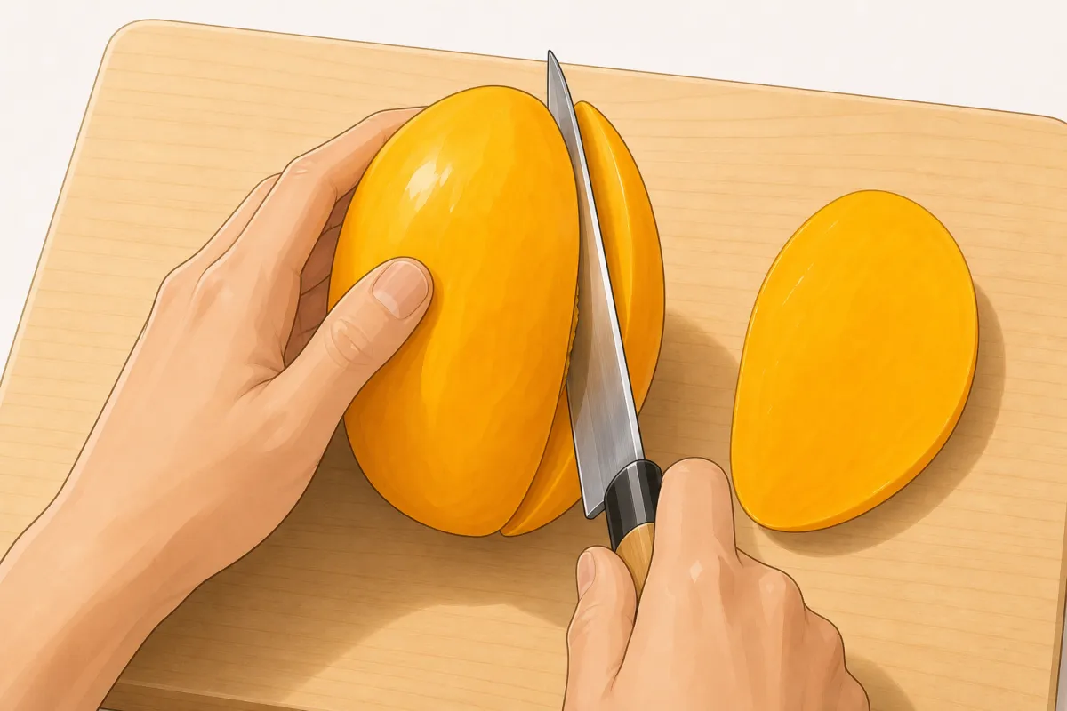 Peel the mango and cut the two cheeks off the stone.