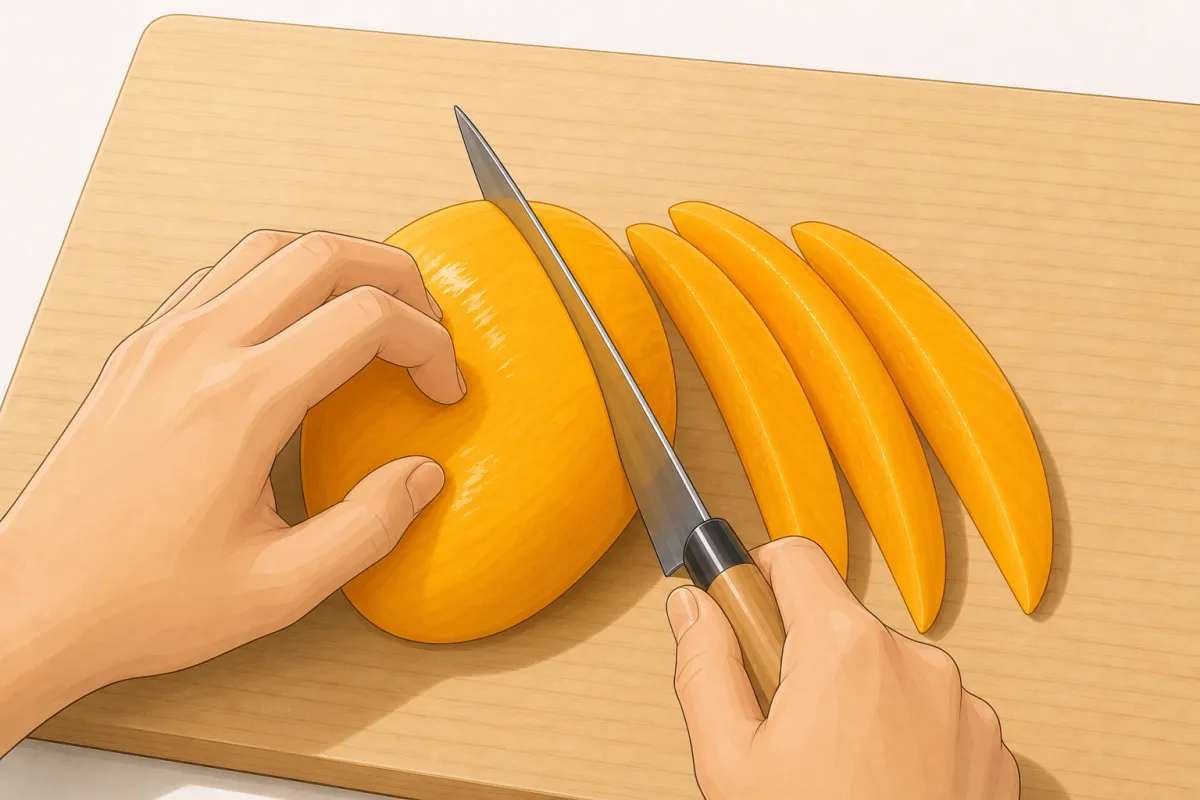 Slice each cheek lengthwise into long slices about 7 mm thick.