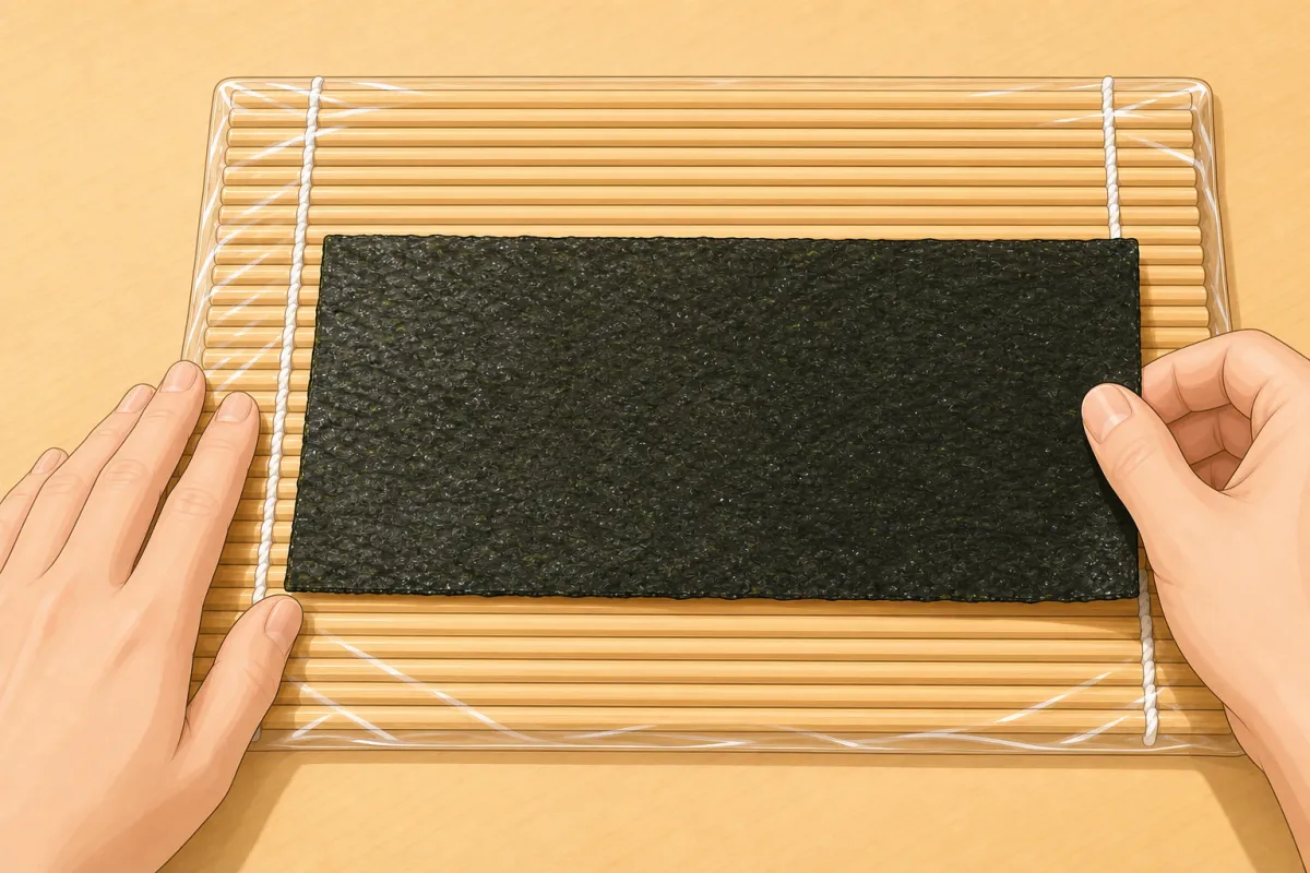 Nori rough side up on plastic wrap over the mat.