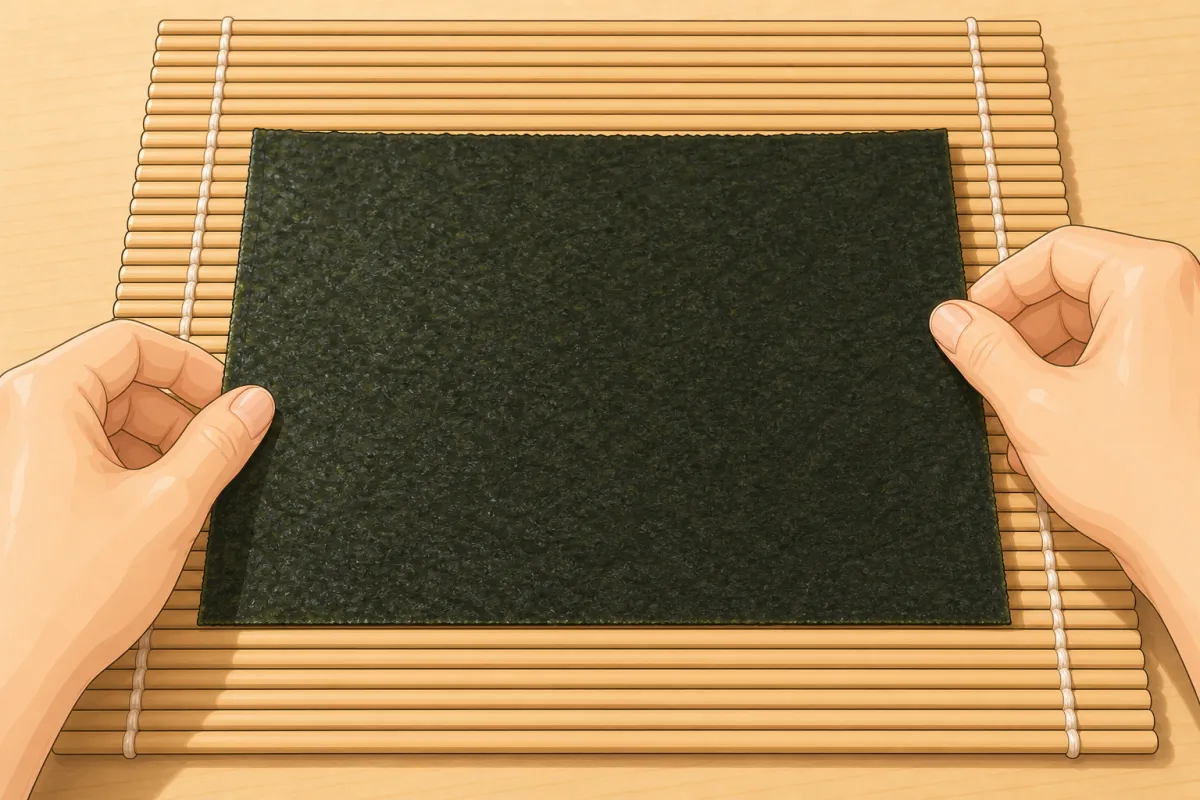 Whole nori, shiny side down, long side along the near edge, 3–4 slats showing.