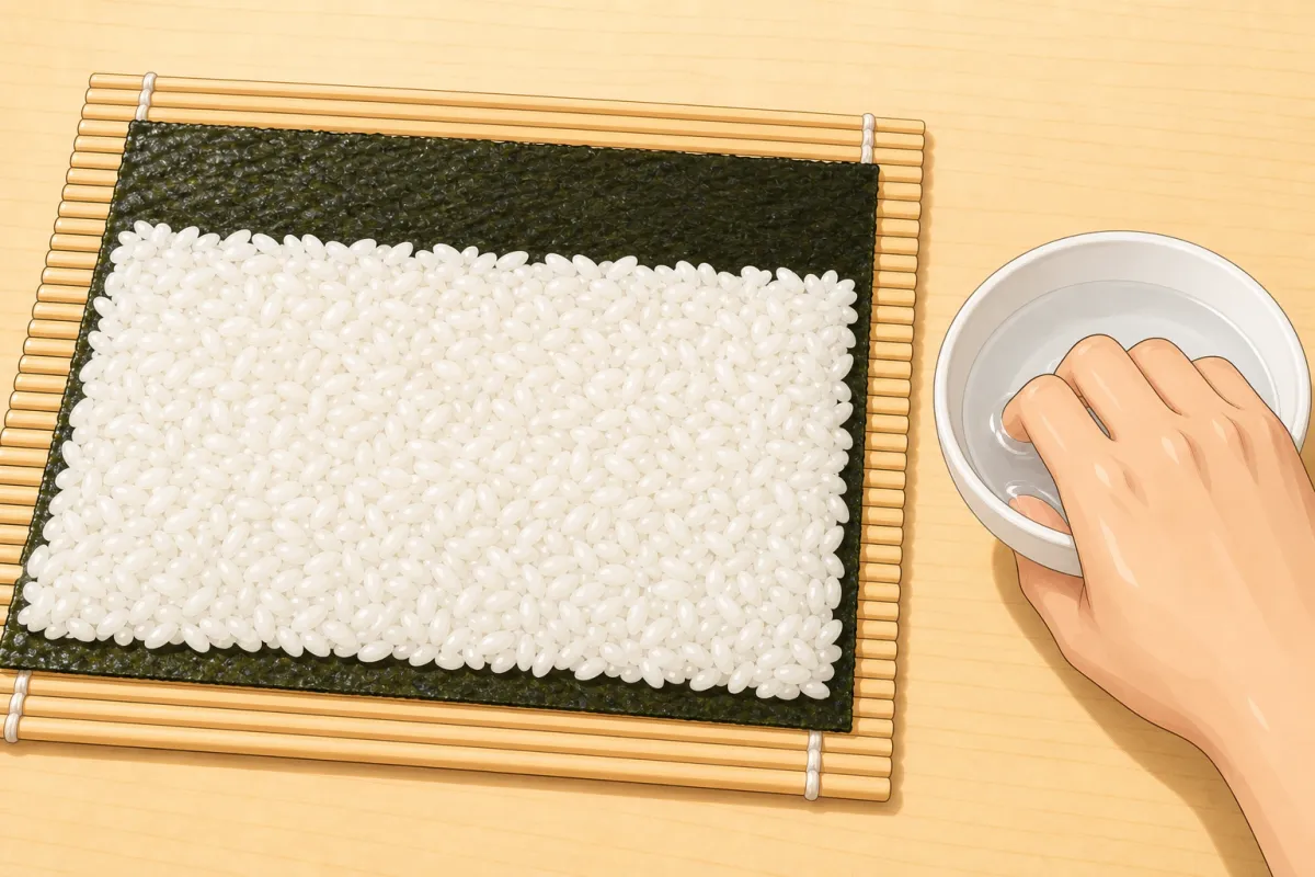Wet fingers, then spread the rice right to the edges.