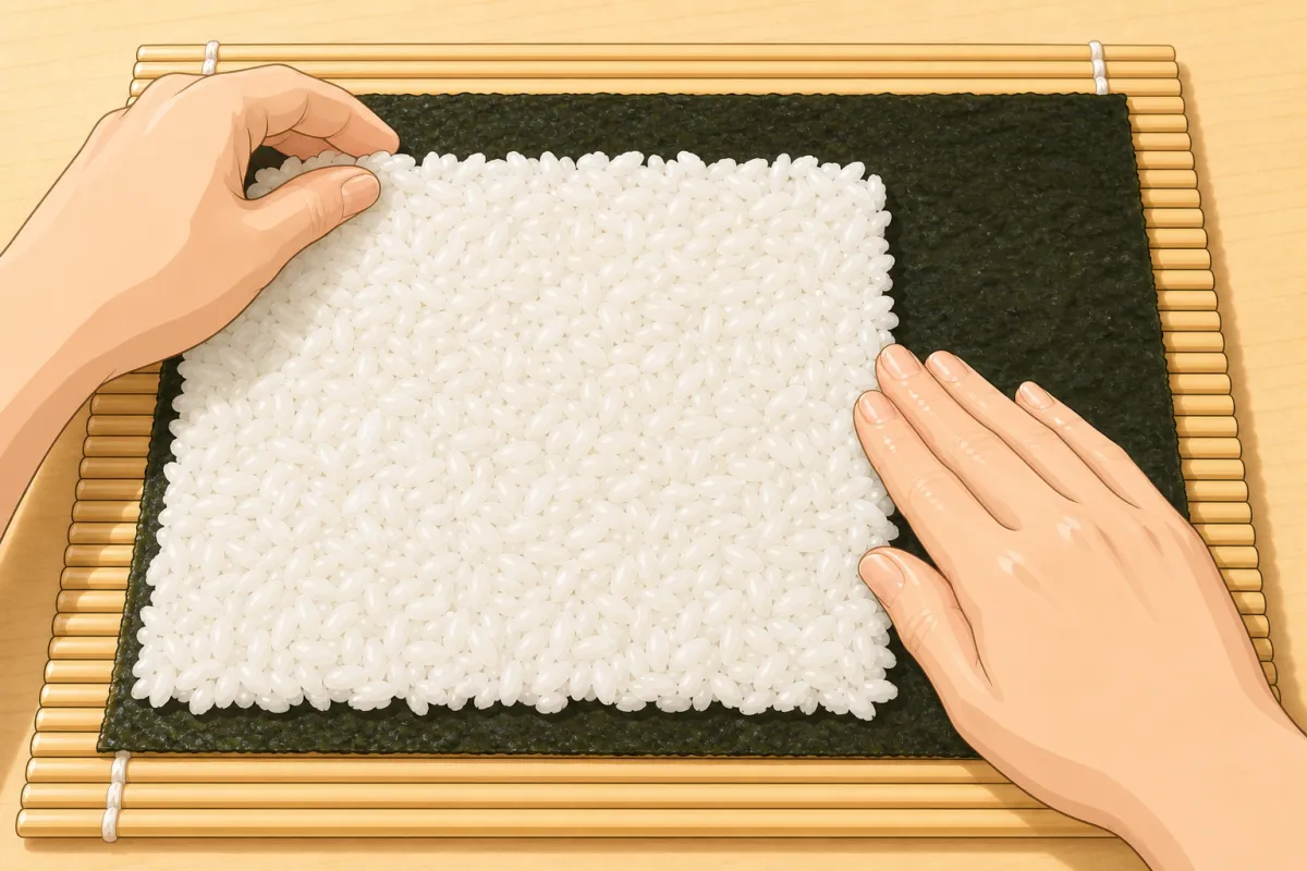 Rice on left of centre, spread it right and out — an inch bare along the far edge.