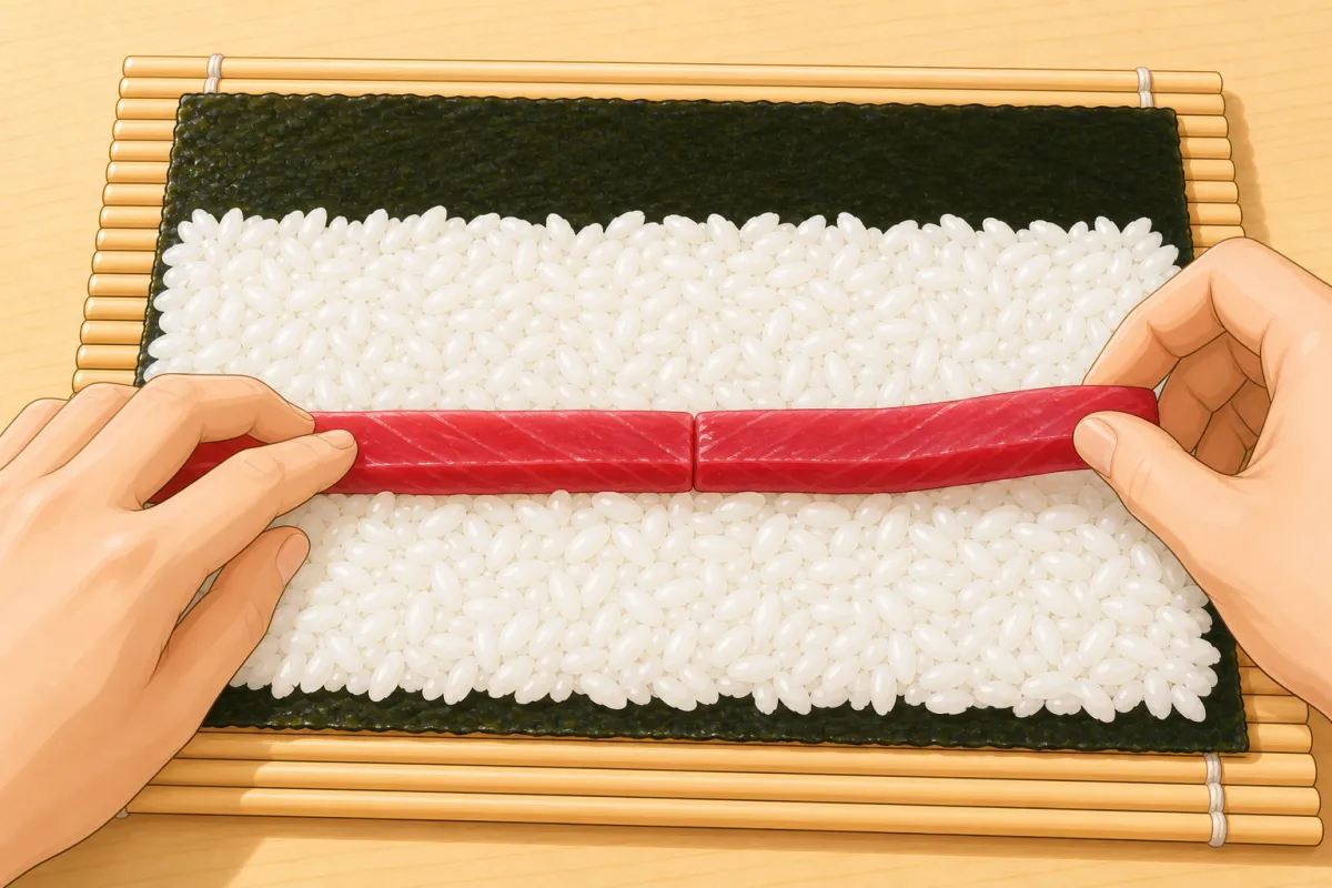 Tuna strips end to end across the middle of the rice.