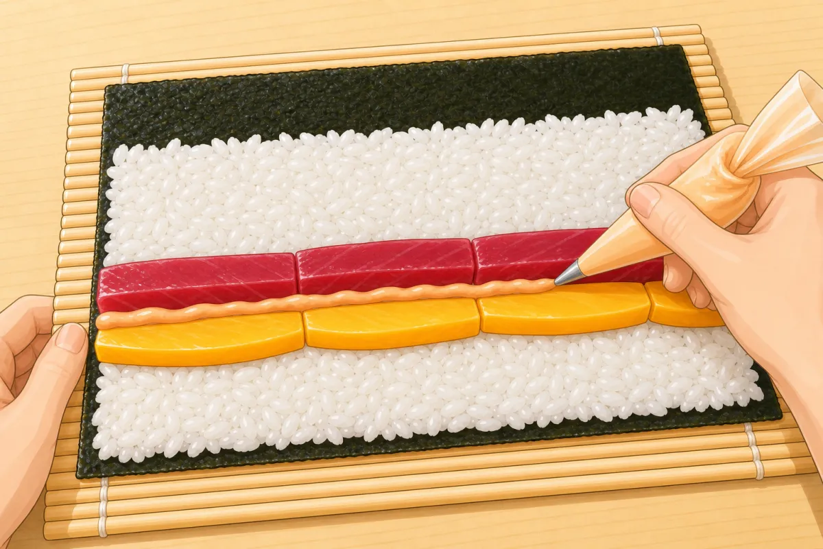 Pipe a thin line of spicy mayo along the filling.