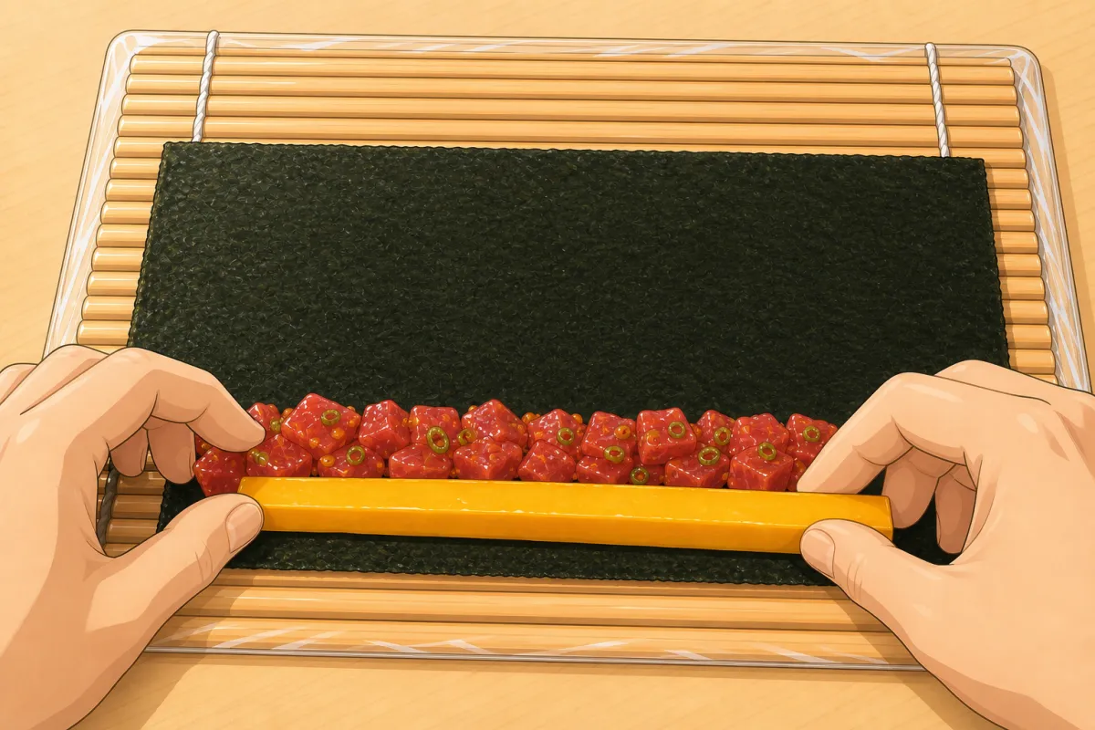 Fingertips hold the filling down; thumbs lift the near edge of the mat.