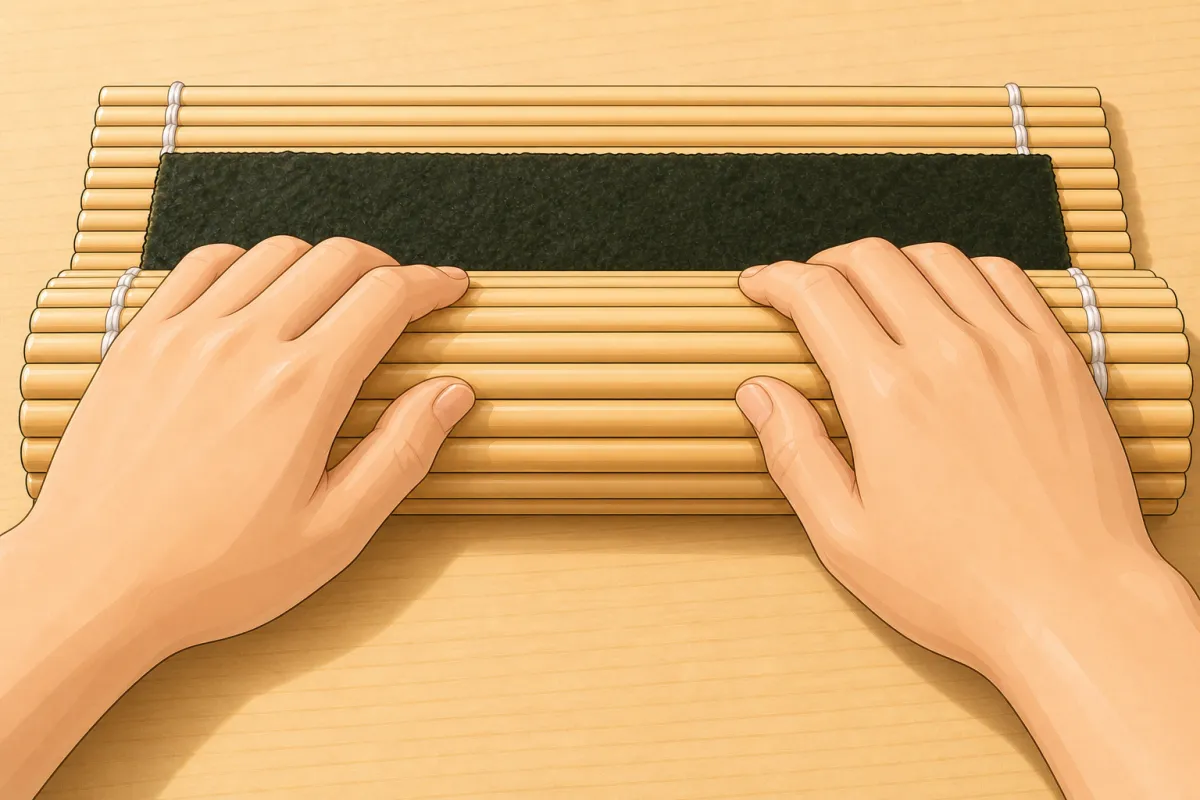In one movement, roll over the filling so the near edge lands on the far edge of the rice.