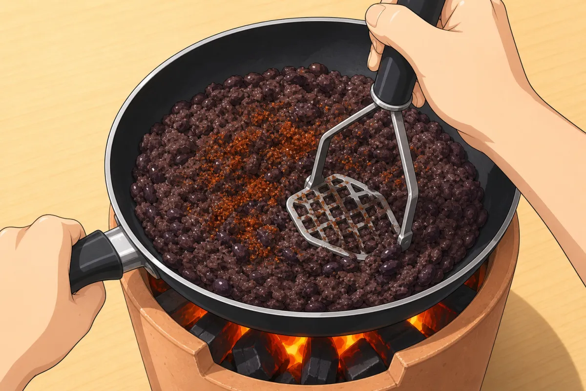 Beans: mash and season with the taco seasoning, warm through.