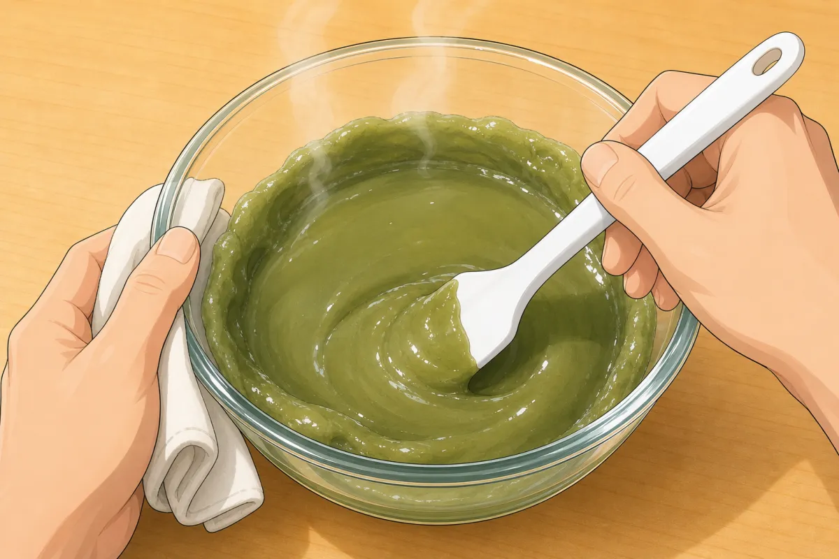 1 minute, then stir hard with a wet spatula: the edges set first.