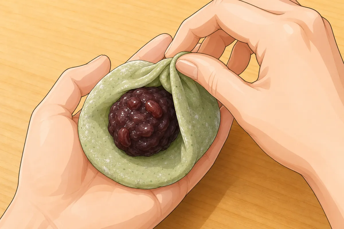 Anko ball in the middle; pleat the edge up over it and pinch shut.