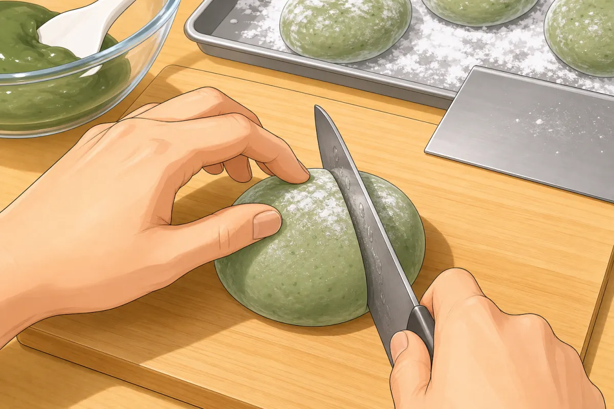 Brush off the loose starch; cut with a wet knife to show the inside.