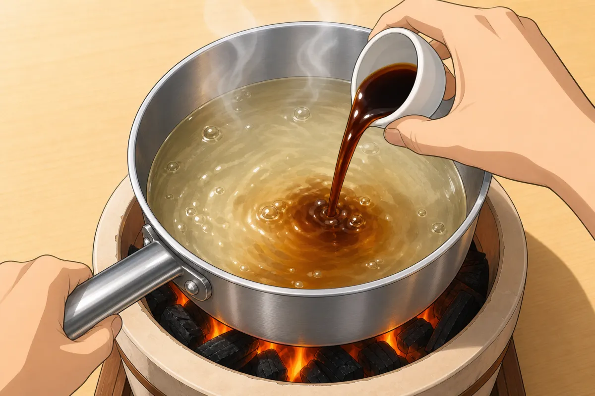 Boil the sake and mirin a few seconds, then add the soy sauce.