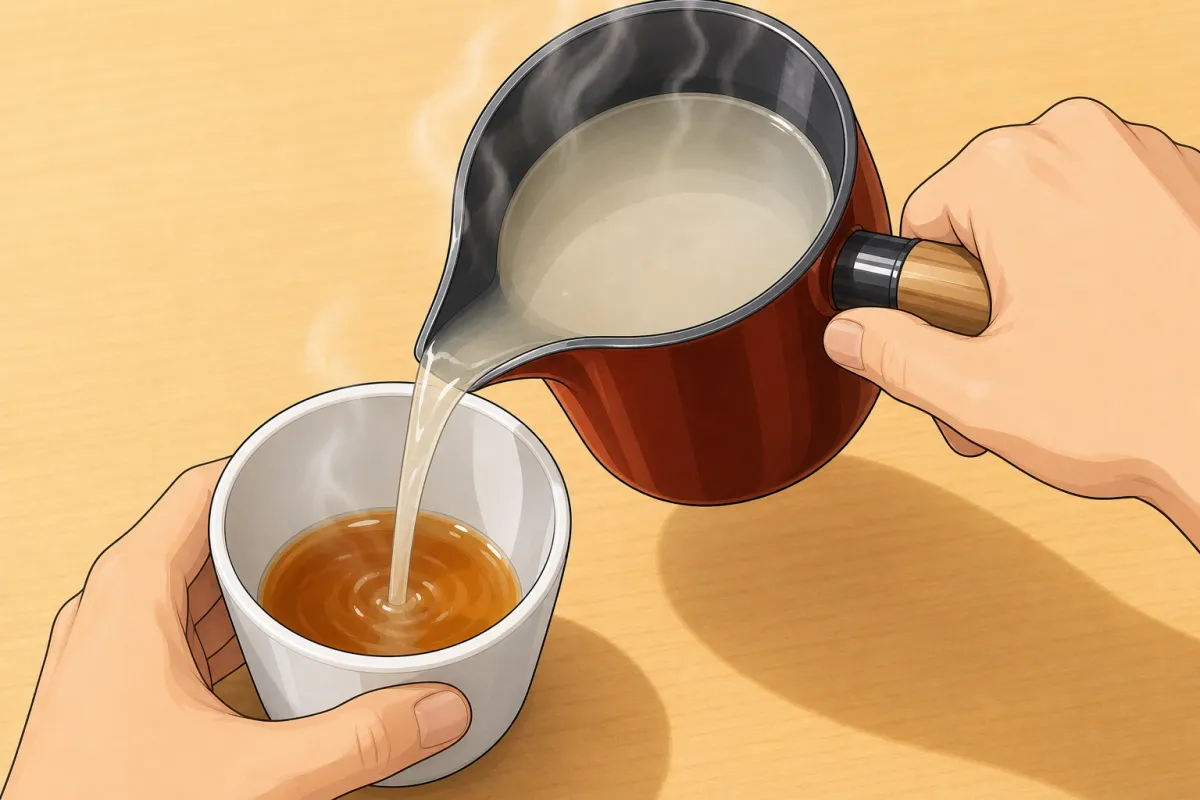 Pour the hot sobayu into the leftover sauce and drink it as a broth.