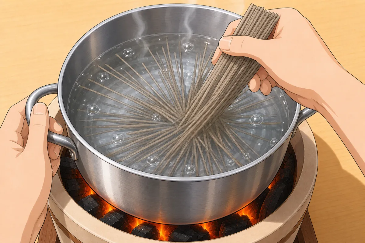 No salt. Fan the soba in so the strands stay apart.