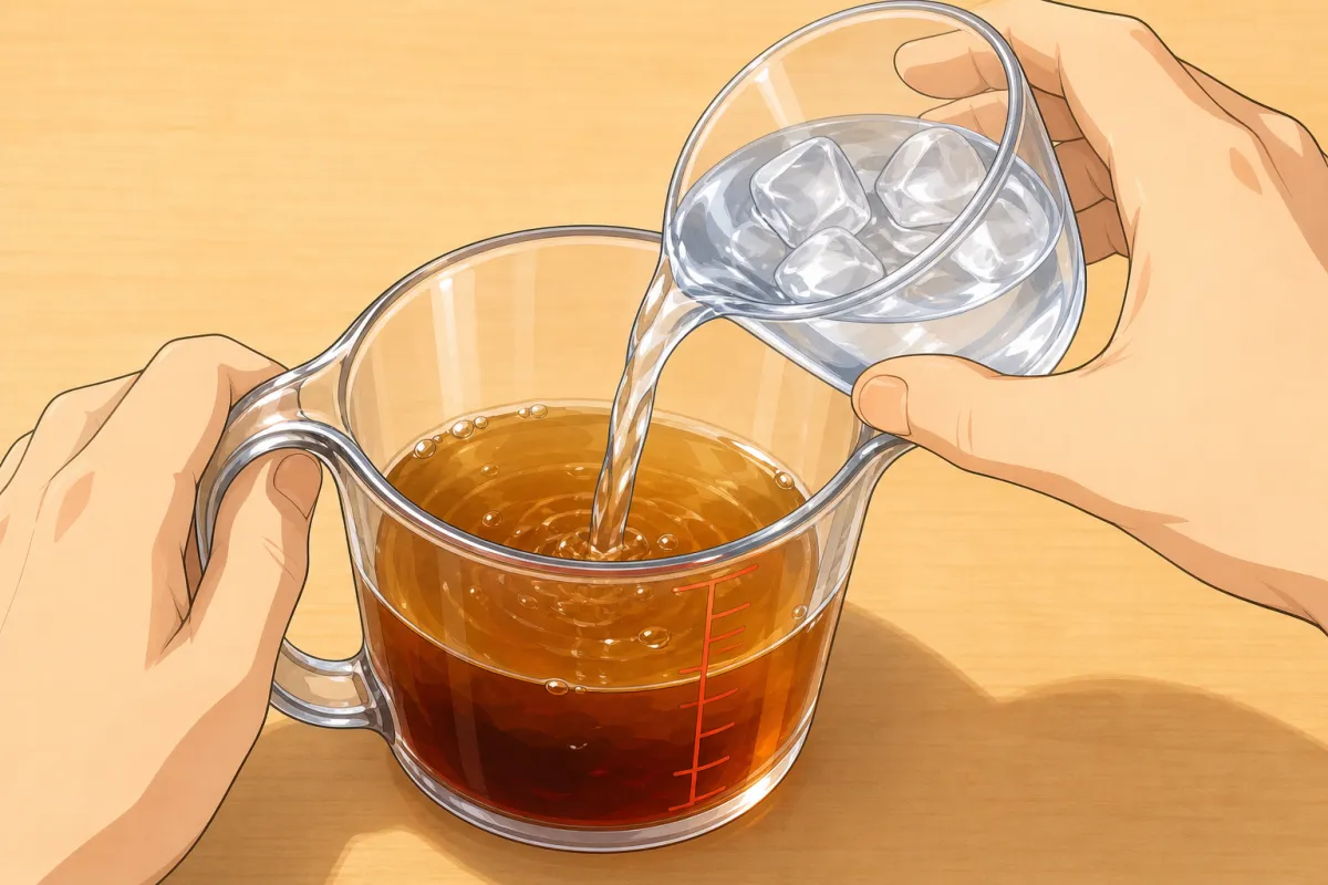 Concentrate plus iced water, about 1 : 3 — taste and adjust.