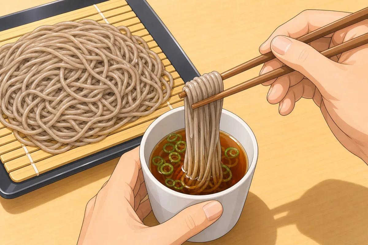 Green onion and wasabi into the cup, then dip a mouthful of noodles.